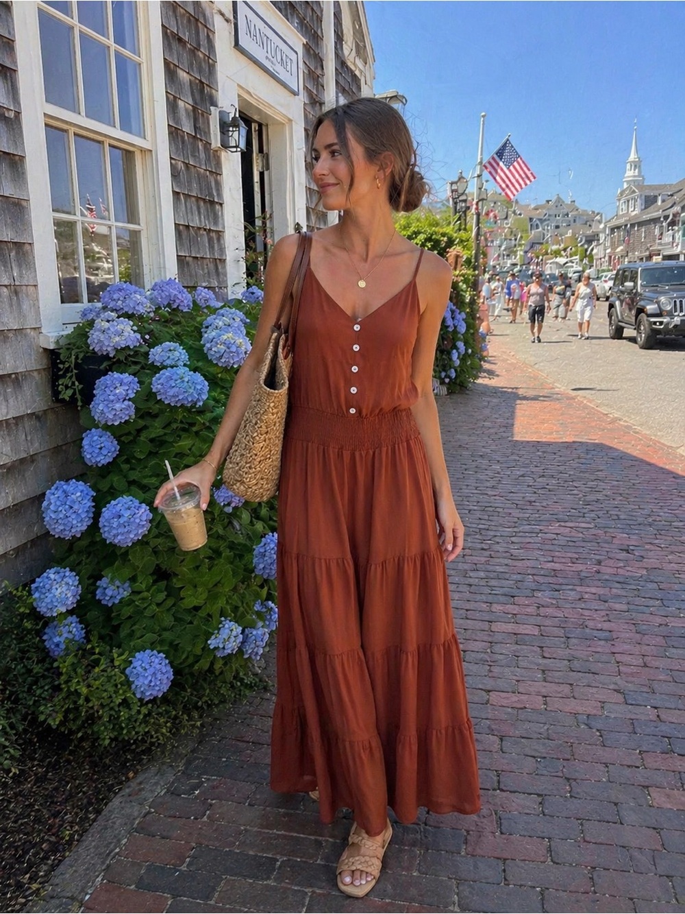 Rust Tiered Maxi Dress Smocked Waist Boho Cottagecore Vacation Dress
